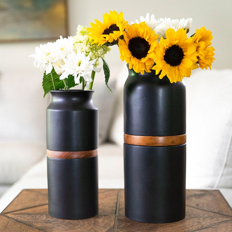 The Vega Vase in Black with Dark Wood
