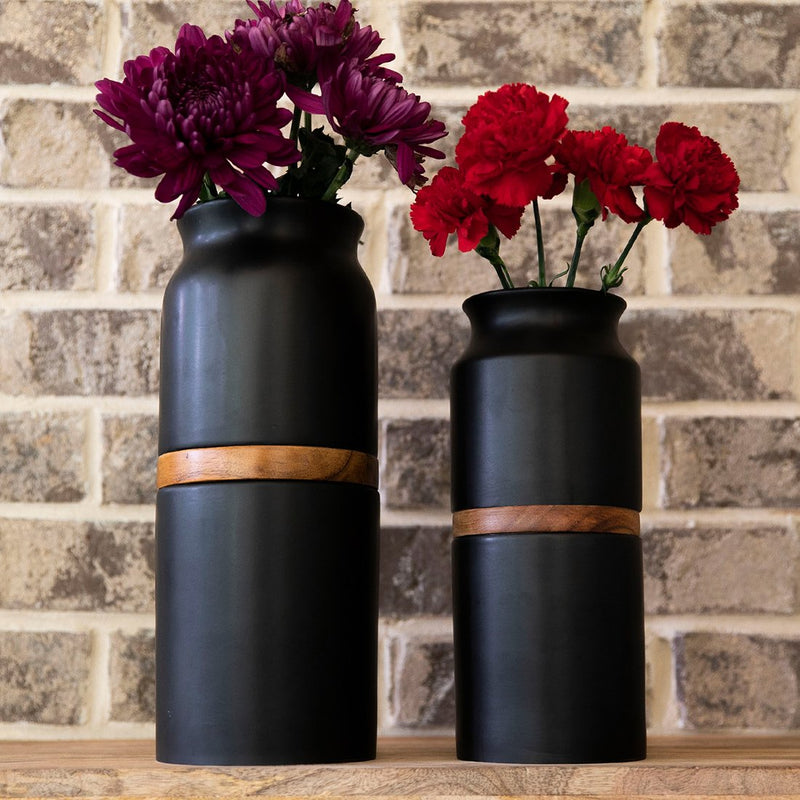 The Vega Vase in Black with Dark Wood