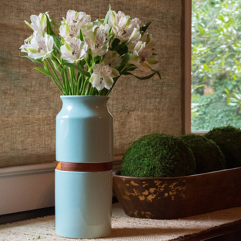 The Vega Vase in Blue with Dark Wood