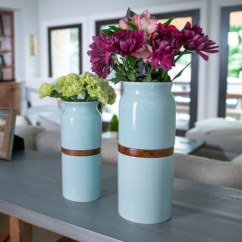 The Vega Vase in Blue with Dark Wood