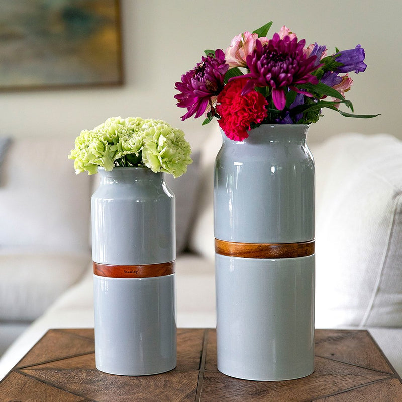 The Vega Vase in Grey with Dark Wood